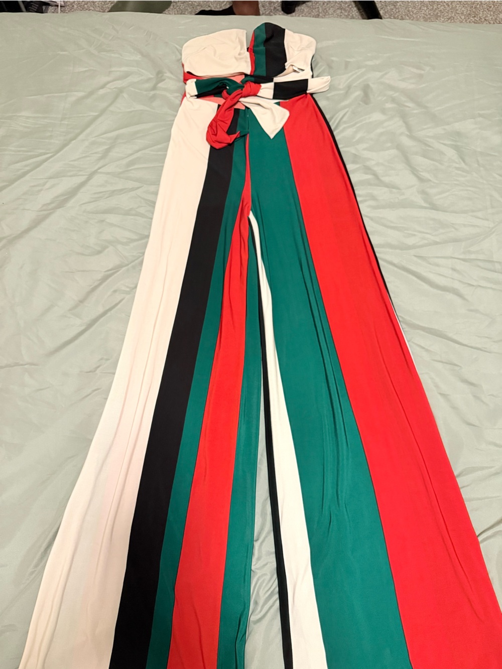 Fashion Nova Strapless Colorblock Wide-Leg Jumpsuit — Red, Green, Black, Cream